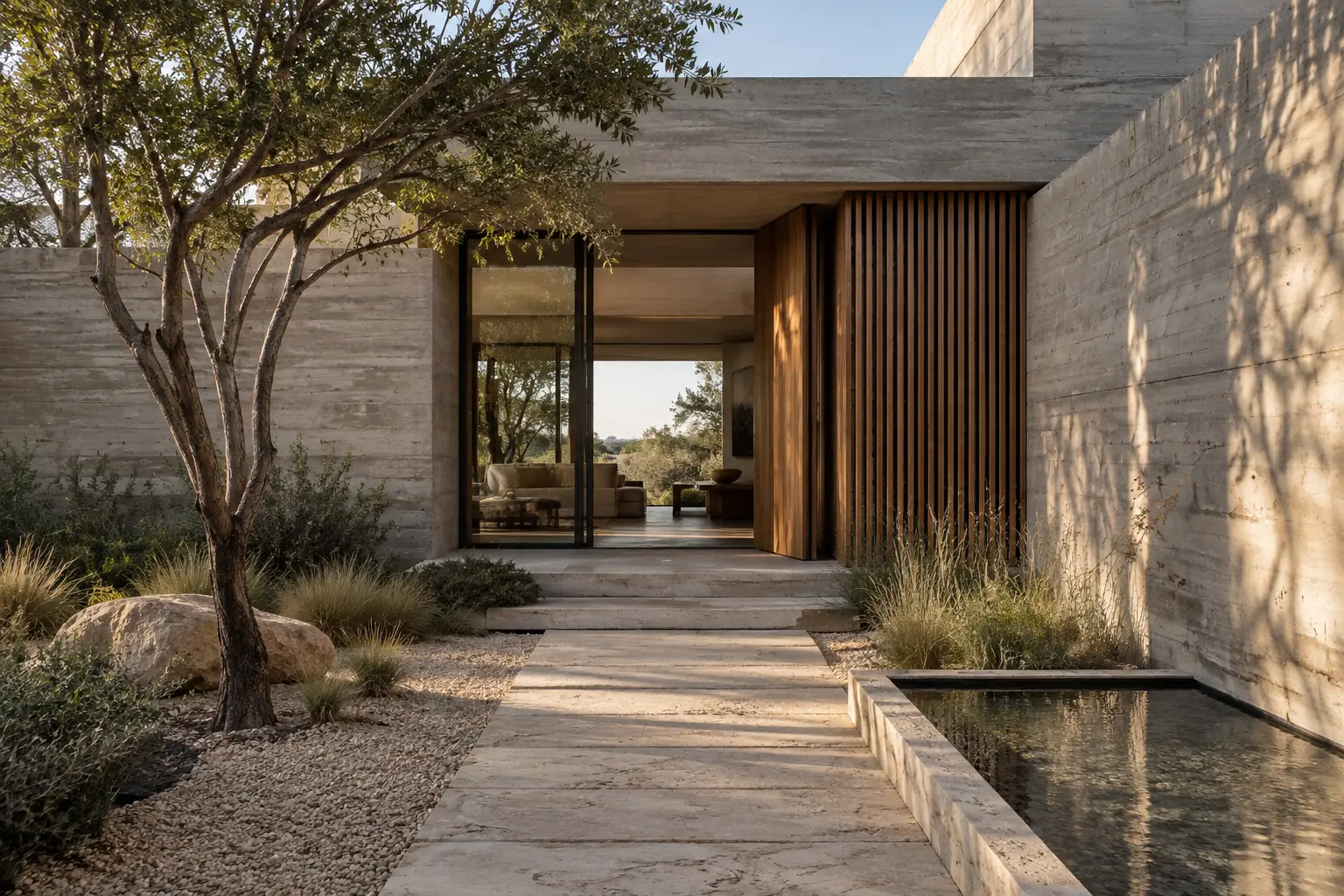 Concepto de vivienda contemporánea con materiales naturales y luz cálida